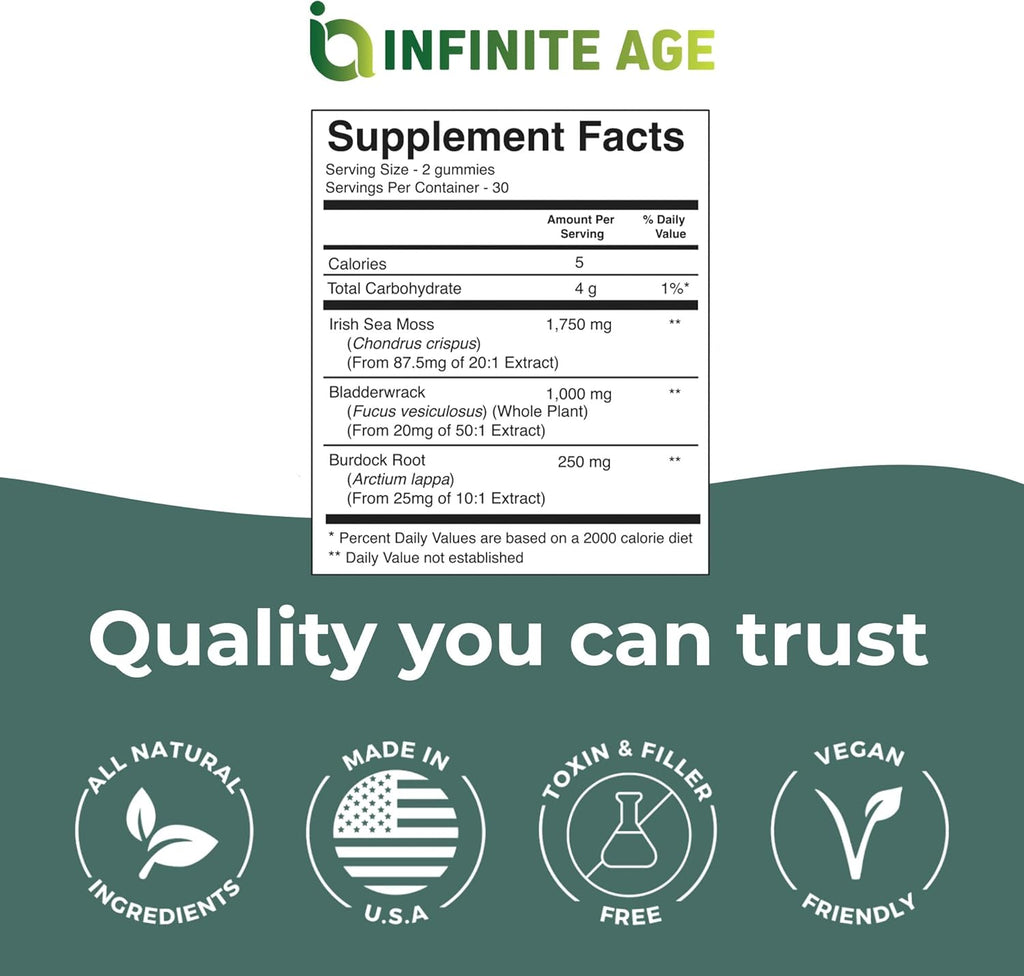 INFINITE AGE: Sea Moss Advanced Gummies, 60 Count - Delicious, Vegan, Made in USA - Irish Seamoss, Bladderwrack, Burdock Root - Overall Health, Immunity Support, Sea Moss Gummies for Women and Men