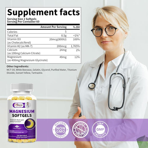 2 Pack High Absorption Magnesium Glycinate 400mg Softgels Supplement, Magnesium with Calcium - Highly Bioavailable - with Vitamin D3 & K2, for Sleep, Mood, Brain Support