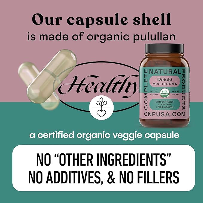 Complete Natural Products Organic Reishi Mushroom Capsules, 250mg, 100ct | Fruiting Body Extract | Plant-Based | Adaptogenic Support | Made in USA | Organic & Kosher Capsules