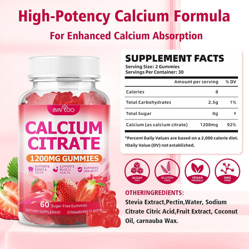 2 Packs High Absorption Calcium Citrate Gummies 1200mg - Bone & Teeth Support for Adults & Kids, Vegan Sugar-Free Gummies, Strawberry Flavor, 120 Count