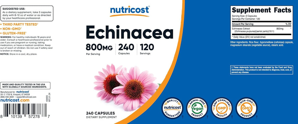 Nutricost Echinacea 800mg, 240 Capsules - Vegetarian Caps, Non GMO, Gluten Free, 120 Servings