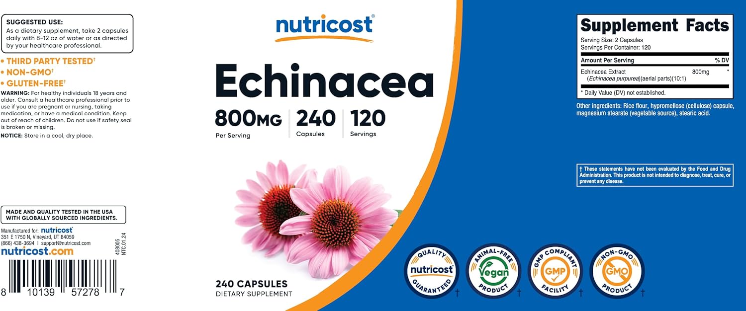 Nutricost Echinacea 800mg, 240 Capsules - Vegetarian Caps, Non GMO, Gluten Free, 120 Servings