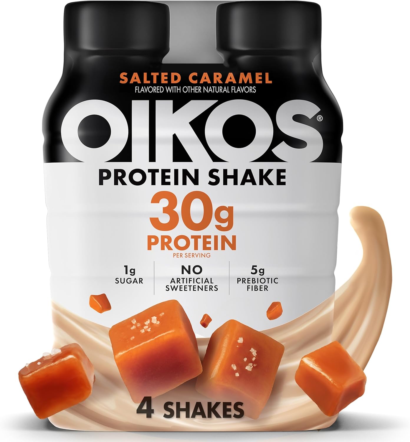 Oikos Protein Shake, Salted Caramel, 30g High Protein Drinks, Shelf Stable, Ready to Drink, 5g Prebiotic Fiber, 12 fl oz Bottle, 4 Count
