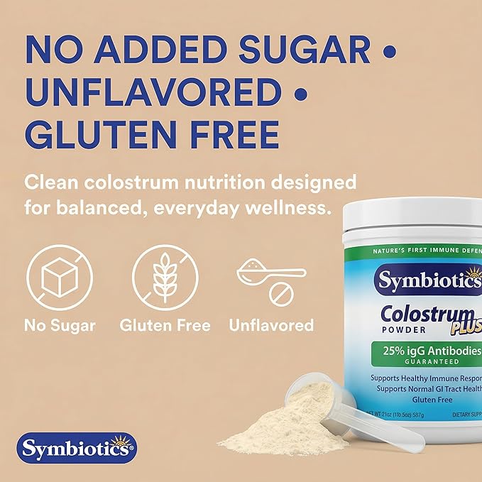 Symbiotics Colostrum Plus Powder, 6.3 oz (180 g) - 25% IgG Immunoglobulins, Naturally Occurring Lactoferrin, Supports Immune Function & Digestive Balance, Gluten Free