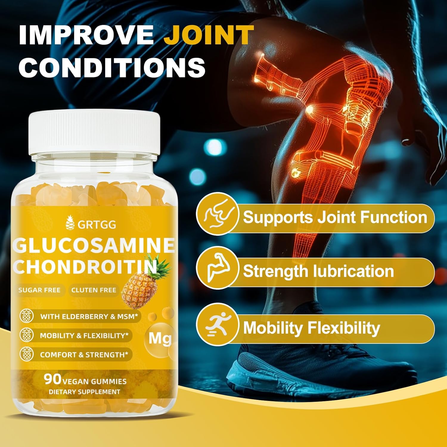 Glucosamine Chondroitin Gummies with MSM & Elderberry Extra Strength 3000MG - Joint Support, Antioxidant Immune Support Supplement for Adults, Men & Women - 90 Pineapple Gummies
