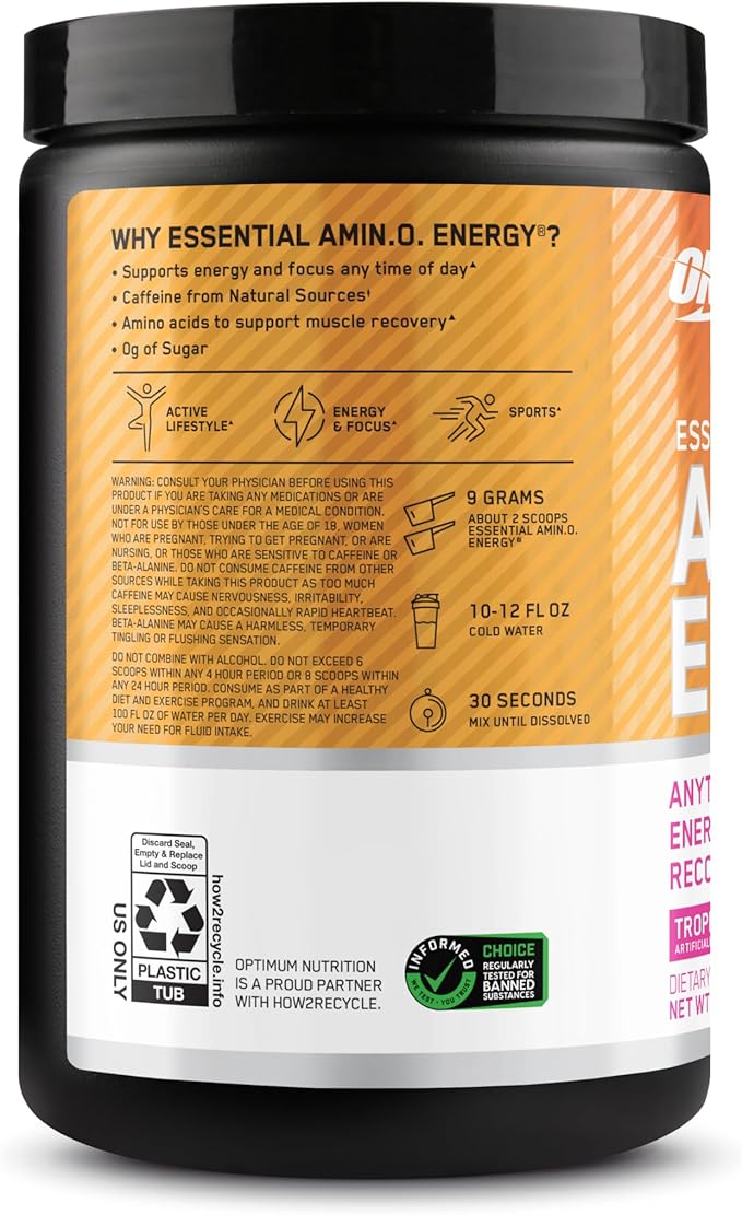 Optimum Nutrition Amino Energy Powder – Energy & Focus Pre Workout with Amino Acids, BCAA, Green Tea Caffeine & Coffee, Muscle Recovery Support – Tropical Sunrise, 30 Servings (Packaging May Vary)