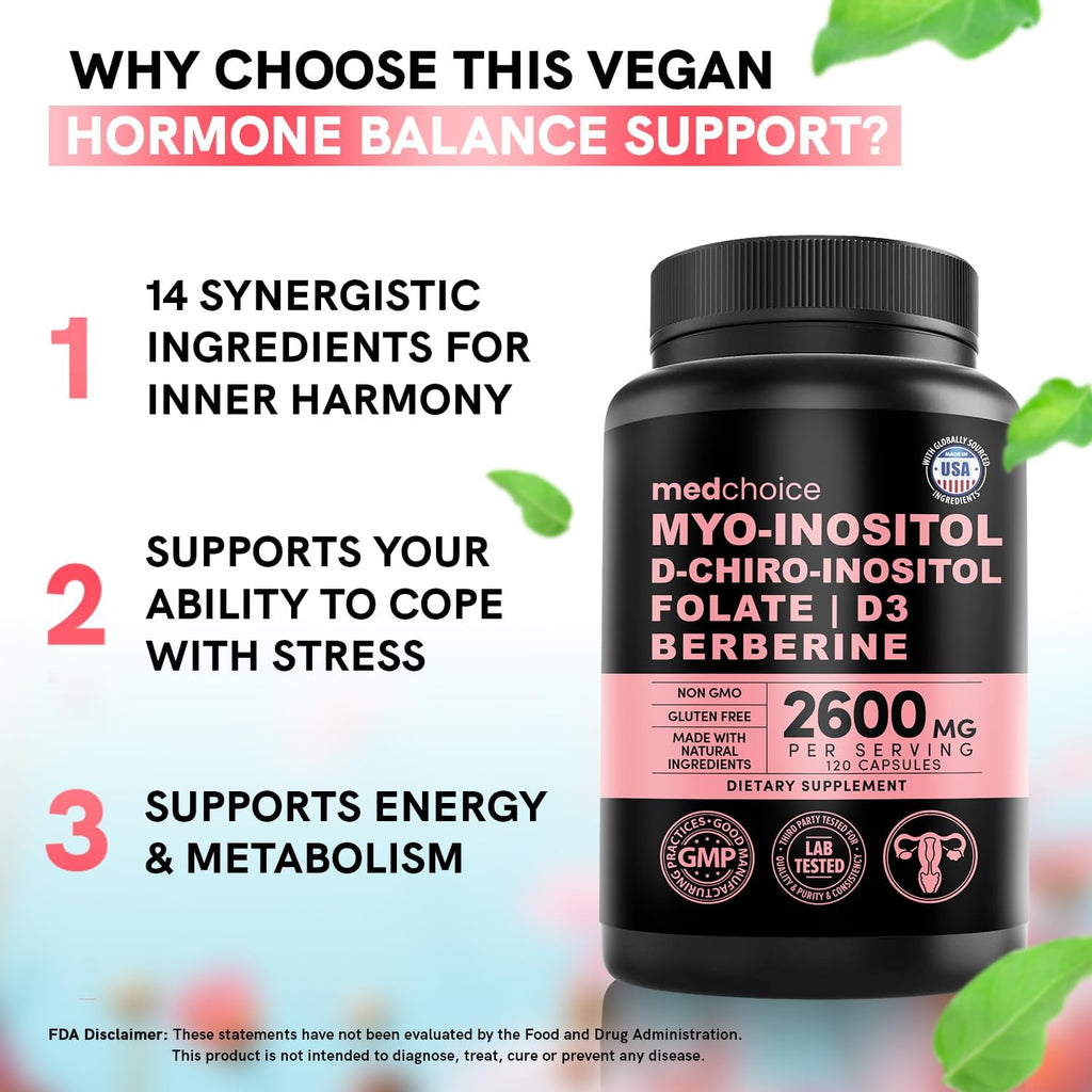 14-in-1 Inositol Supplement & Hormone Support for Women - 40:1 Myo-inositol & D-Chiro Inositol Ovarian Support Capsules for Hormone Balance with Folate, Vitamin D and B12 (120 count) (Pack of 2)