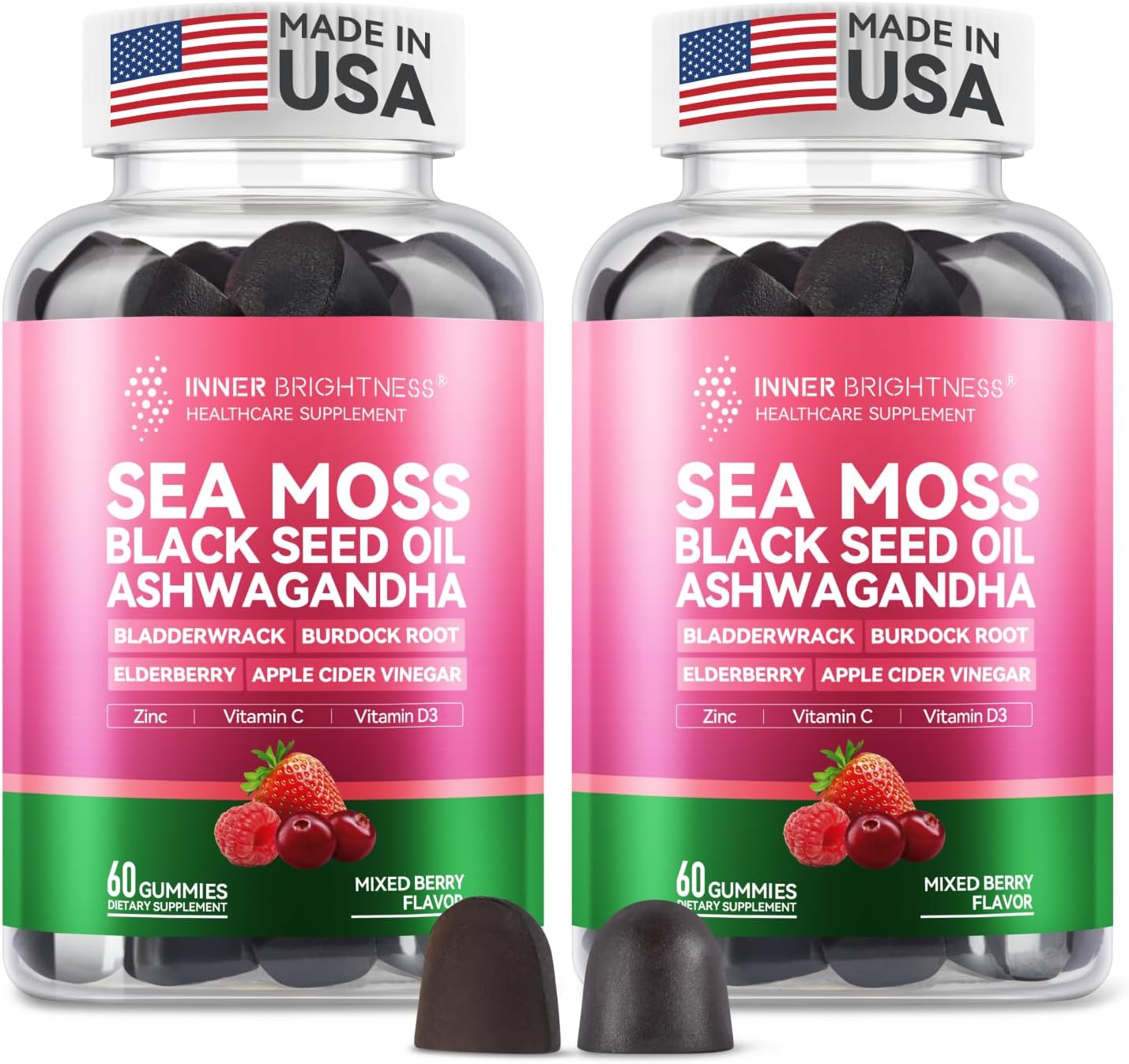 Irish Sea Moss Gummies with Ashwagandha, Elderberry, Apple Cider Vinegar, Bladderwrack, Burdock Root & Black Seed for Immune Support – Mixed Berry Flavor, 2 Pack