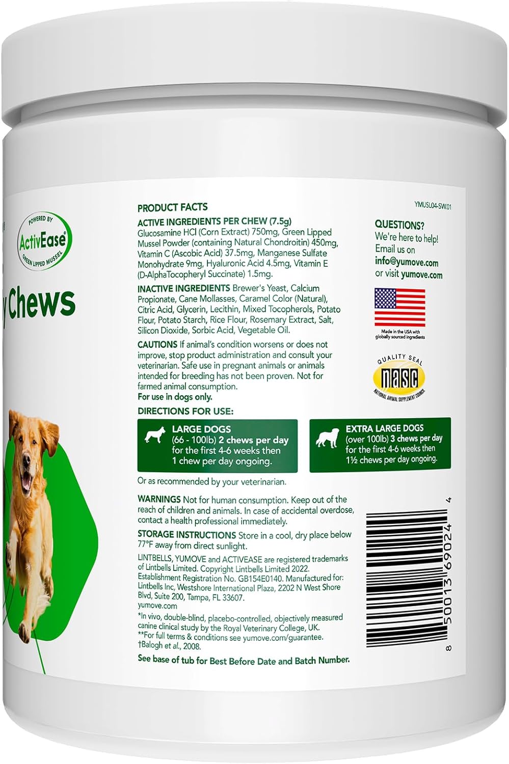 Yumove Hip & Joint Supplement for Dogs - with Glucosamine Chondroiton, Green Lipped Mussel, Hyaluronic Acid, and Omega 3 Joint Supplement for Stiffness and Mobility - 60 Chews (Large/XL Dogs)
