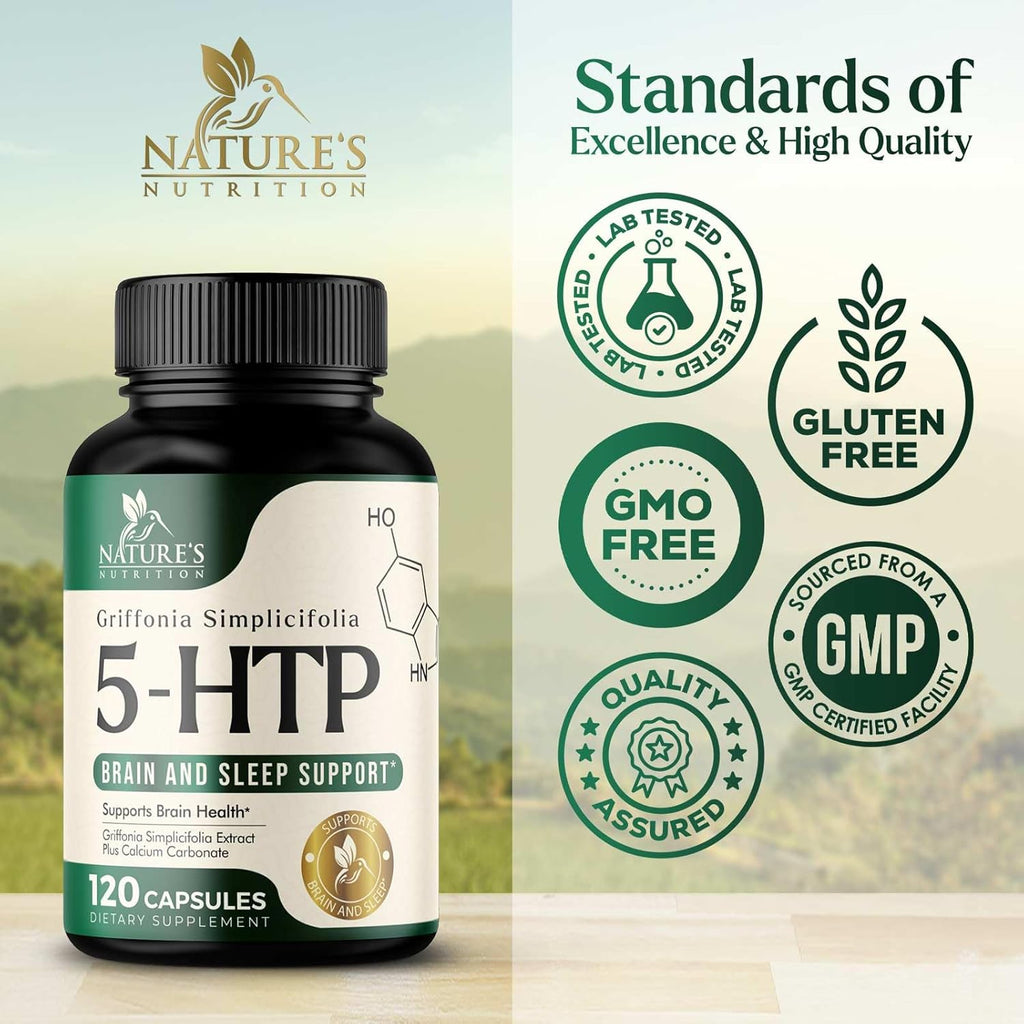 5 HTP Supplement Vegetarian Capsules 200mg 5HTP Plus Calcium for Brain Support - Extra Strength Griffonia Simplicifolia 5-HTP Formula - 5 Hydroxytryptophan - Gluten Free & Non-GMO - 120 Capsules