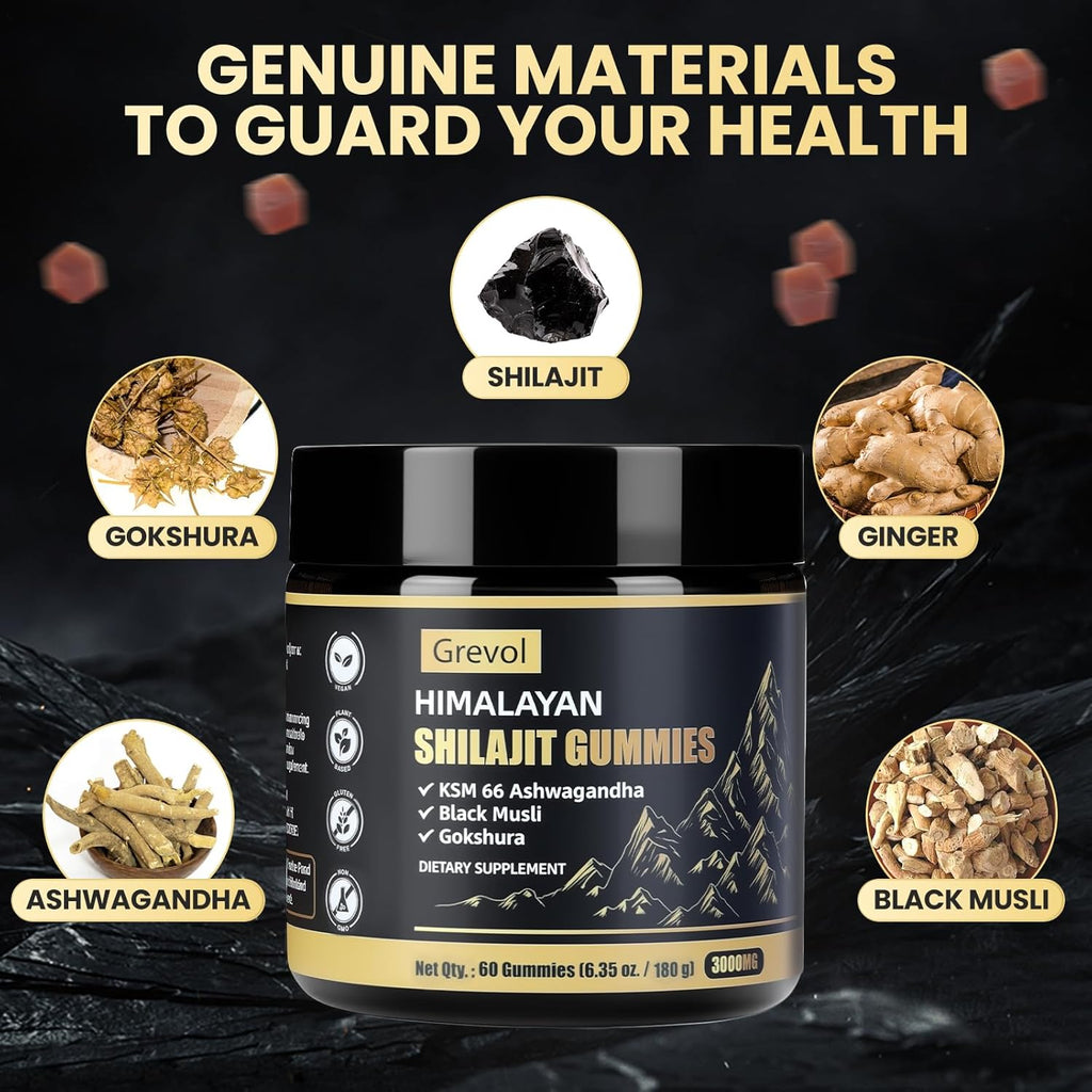 Pure Himalayan Shilajit Gummies with Ashwagandha - Fulvic Acid & 85+ Trace Minerals - No Added Sugar - Shilajit for Men & Women - 60 Gummy