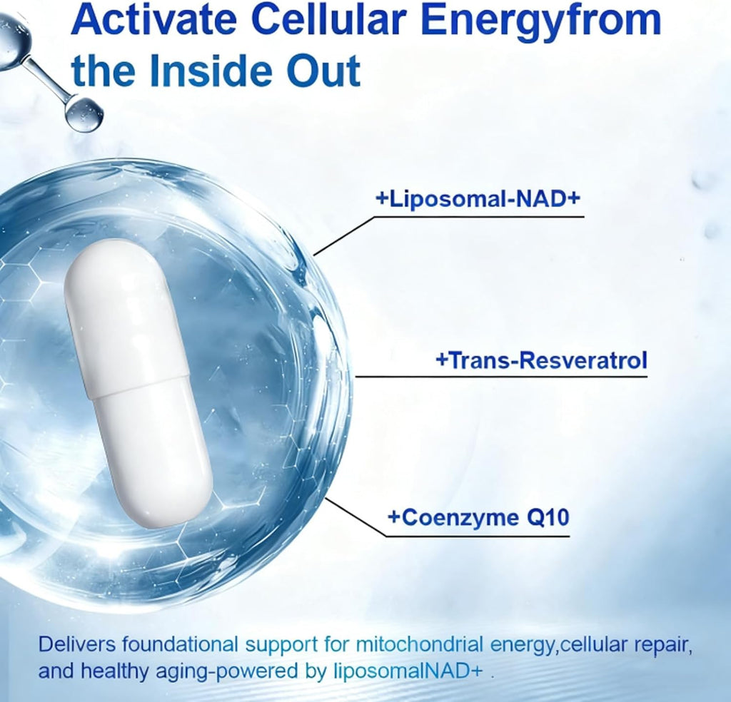 NAD+ Ultra Cell Care Capsules with Liposomal NAD+ Calcium Alpha Ketoglutarate & Trans-resveratrol for Energy Focus Healthy Aging 60 Capsules Supplement