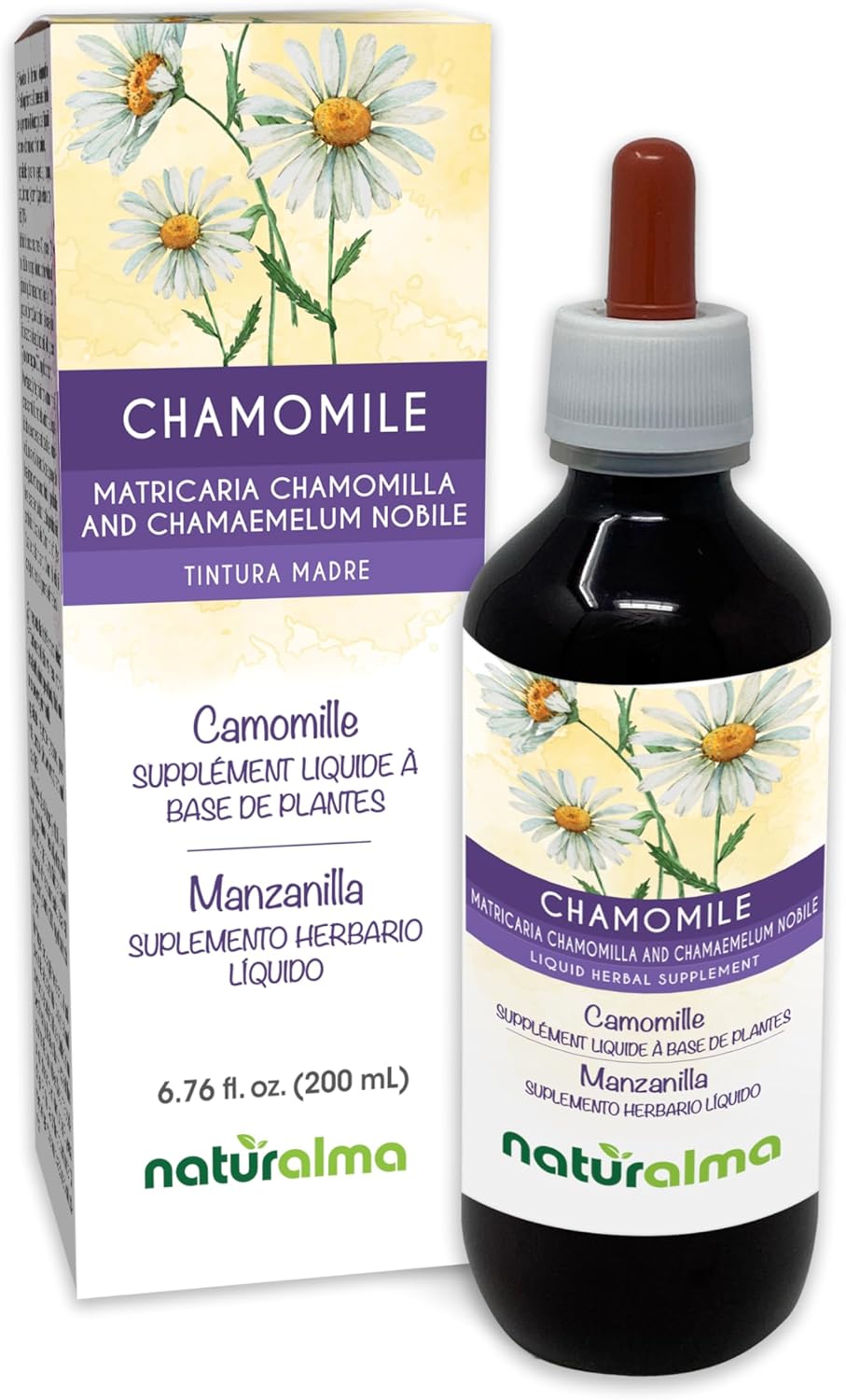 Naturalma German and Roman Chamomile (Matricaria chamomilla and Chamaemelum nobile) Flower Alcohol-Free Tincture - 6.76 fl oz Liquid Extract in Drops - Herbal Supplement - Vegan