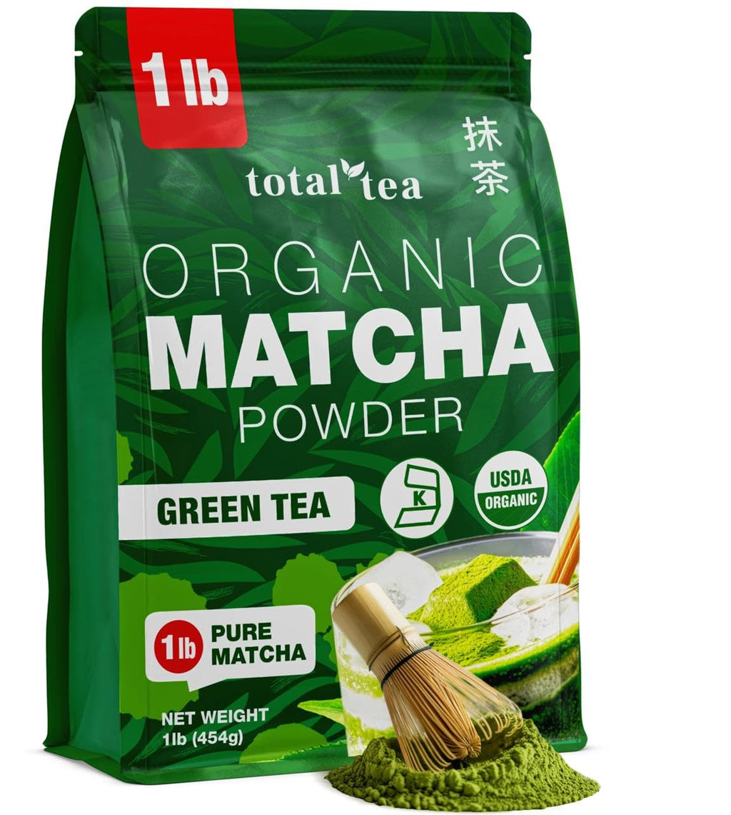 Organic Matcha Green Tea Powder (1lb) – Certified USDA Organic Powder for Matcha Latte, Tea, and Smoothies – Kosher, Non-Gmo, Antioxidant Rich Fruit Tea by Total Tea