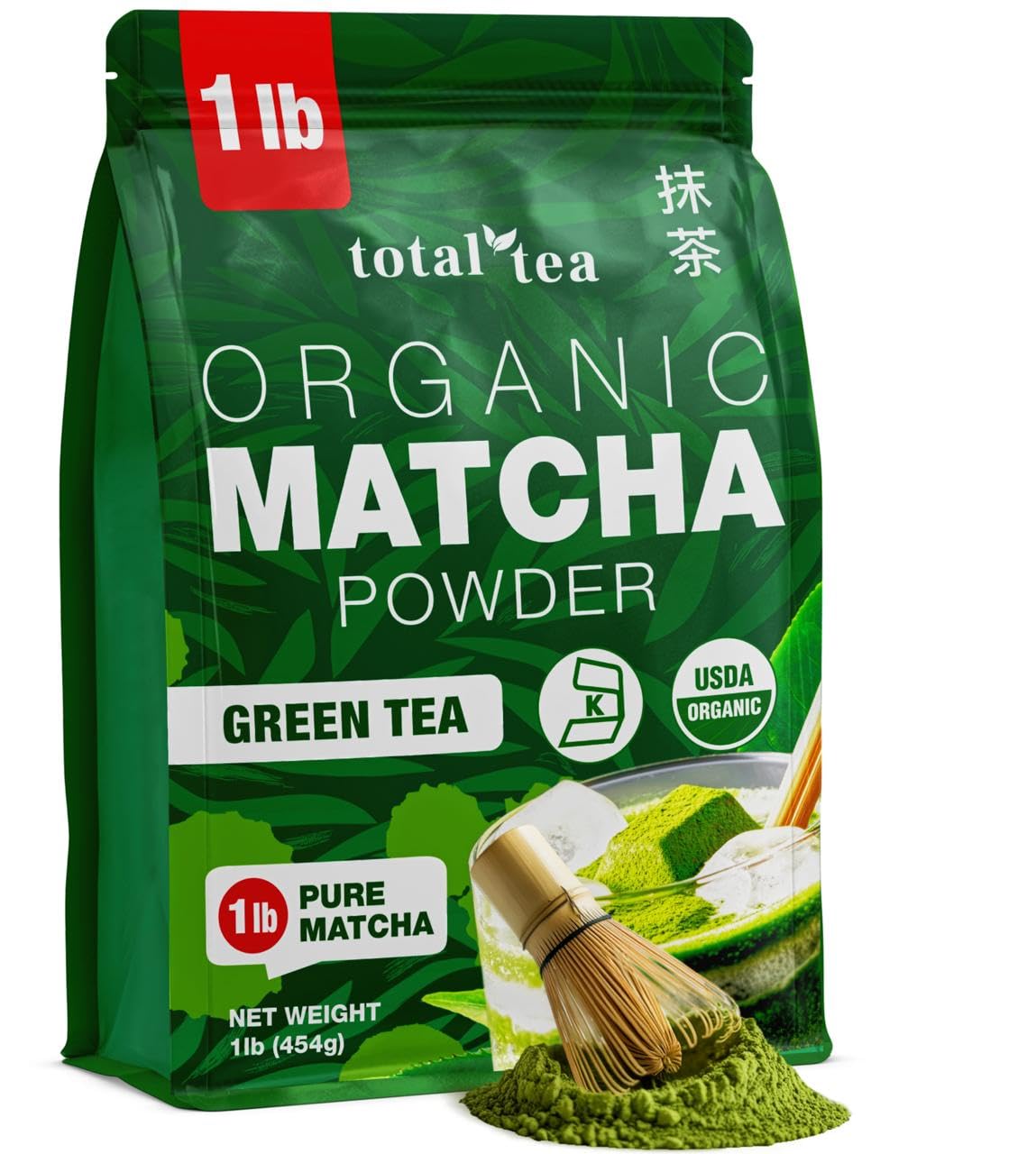 Organic Matcha Green Tea Powder (1lb) – Certified USDA Organic Powder for Matcha Latte, Tea, and Smoothies – Kosher, Non-Gmo, Antioxidant Rich Fruit Tea by Total Tea