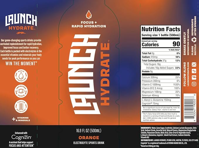 Sports Drink: Orange Flavor - 16.9 Oz (12 Pack), Energy Drink + Hydration, Real Cane Sugar, Electrolytes, Cognizin for Focus, Vitamin B12 Energy Boost, L-Glutamine Hydration Formula, No Artificial Sweeteners, Colors, or High Fructose Corn Syrup – Trust...