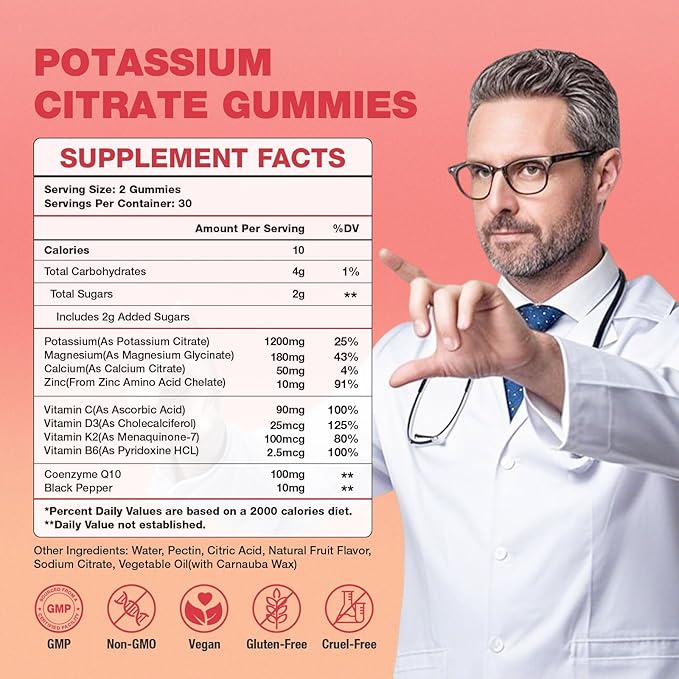 2 Pack Potassium Citrate Gummies 120 Count, 1200mg Potassium Supplement, Potassium Gummies for Women & Men, Chewable Potassium Magnesium Zinc Supplement, Support Leg Cramps & Muscle Health