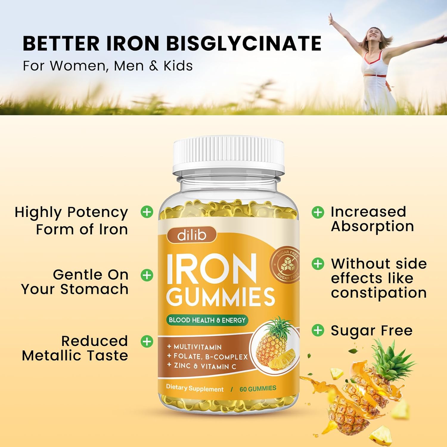 Iron Gummies with Multivitamin, Iron Supplement for Women & Men with Zinc, Vitamin B Complex & C, B12, Folate - Blood Builder & Energy Support for Adults & Kids - Pineapple Flavor, Vegan 60 Gummies