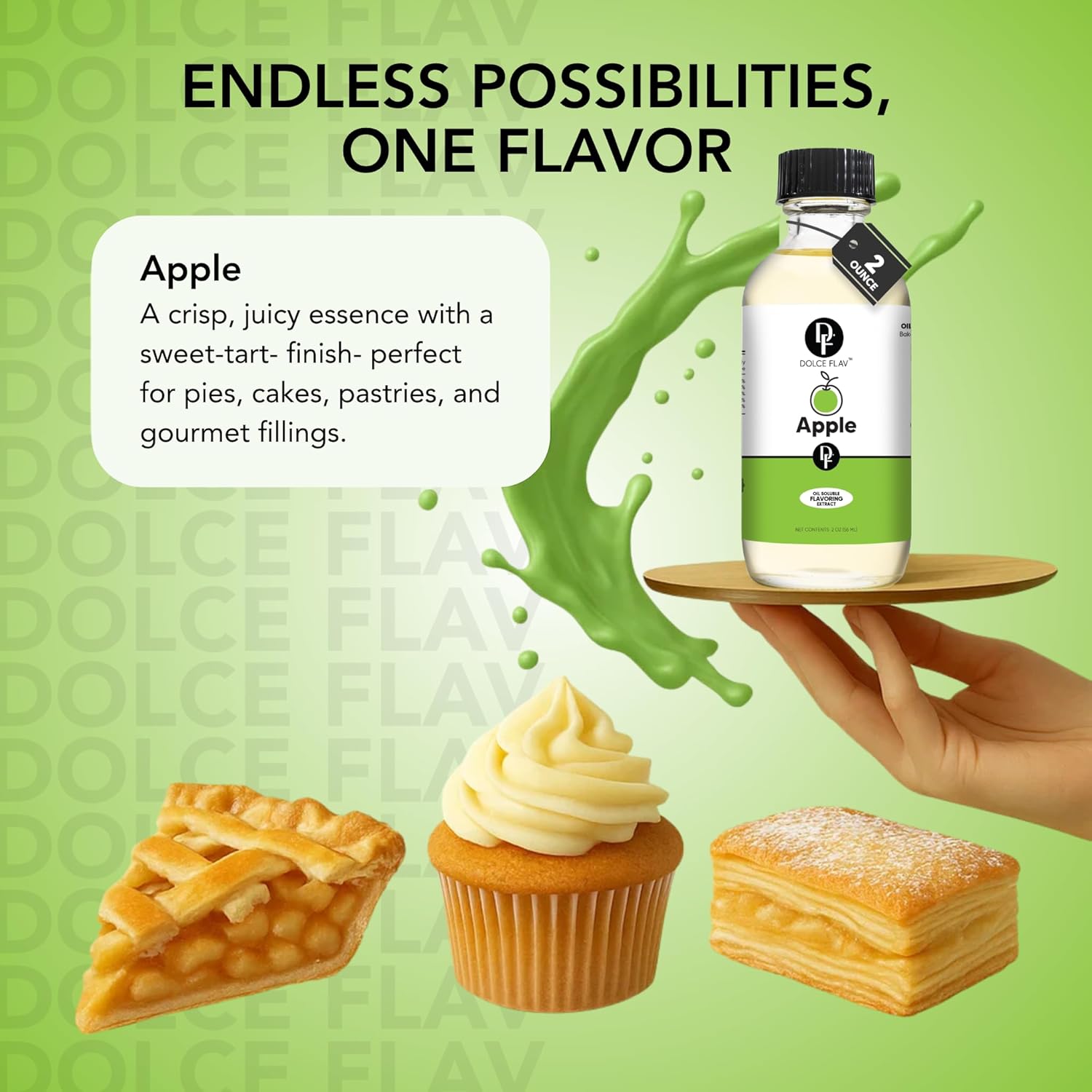 Dolce Flav Apple Extract (Oil-Soluble) – Kosher, Sugar-Free, Concentrated Crisp Apple Flavoring for Baking, Chocolates & Desserts, Includes Measured Dropper, 2 oz Pack of 2