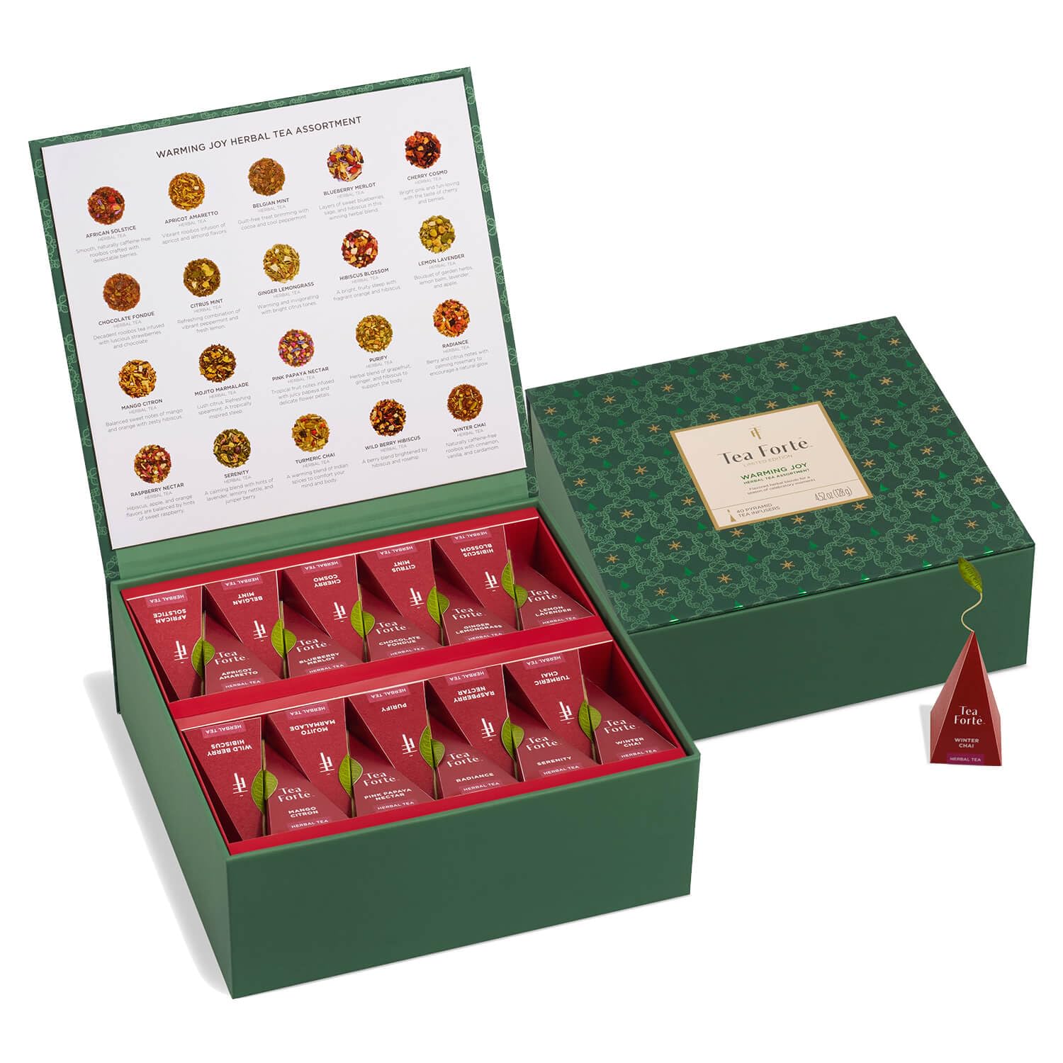 Tea Forte Warming Joy Holiday Herbal Premium Tea Chest Gift Sampler, 40 Count, 2 of each Variety Blend Individually Wrapped Handcrafted Pyramid Infuser Bags
