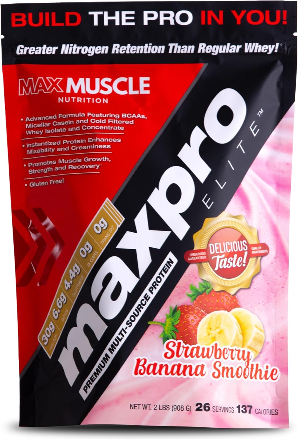 Max Muscle Maxpro Elite Whey Protein Powder | 30g Protein | 0g Sugar | 6.6g BCAAs | Micellar Casein Cold Filtered Whey Isolate Protein | Promotes Muscle Growth & Recovery (Strawberry Banana, 2lb)