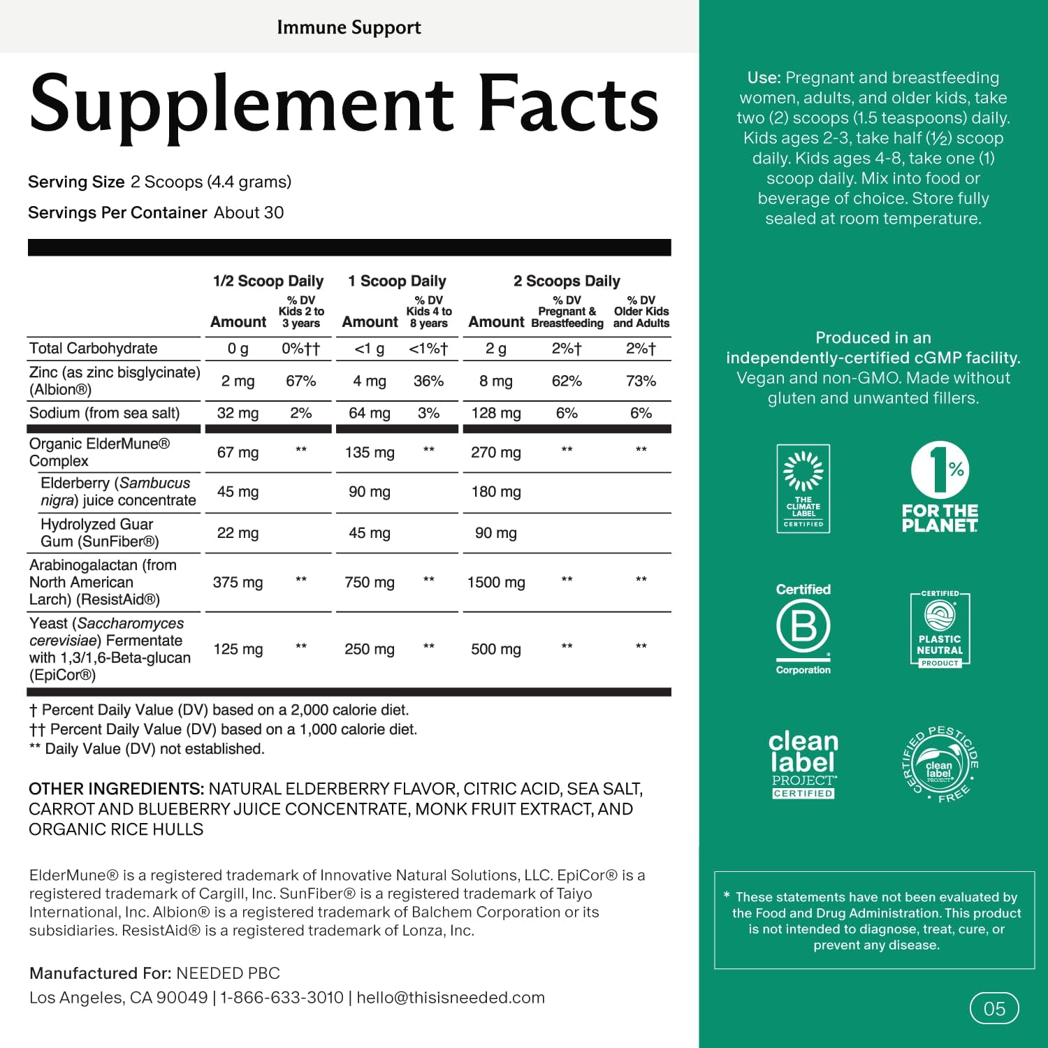 Needed. Immune Support Immunity Powder - for The Whole Family - Pregnancy Safe Immunity Supplement - Zinc with Elderberry - Easy-to-Take