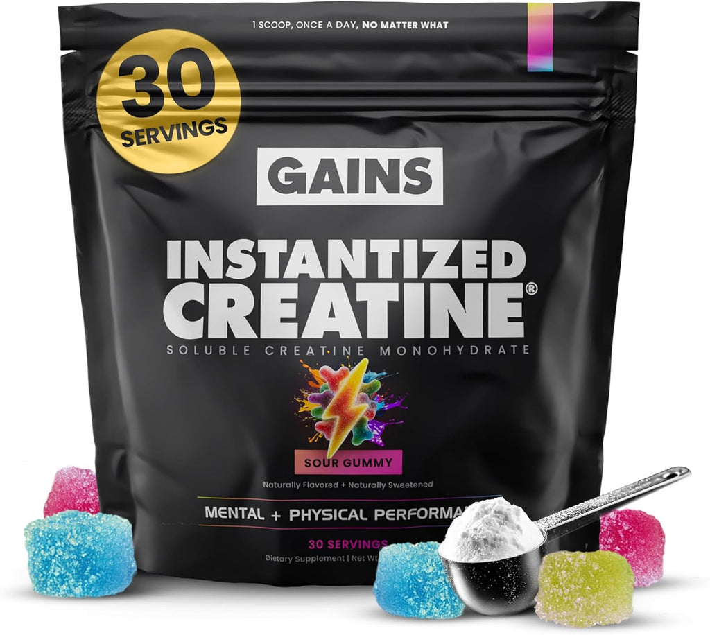 Gains in Bulk Instantized Creatine Monohydrate for Women and Men, Soluble Pre Workout Powder, Supports Muscle Building, Strength and Performance, Bodybuilding Supplements, Sour Gummy, 30 Servings