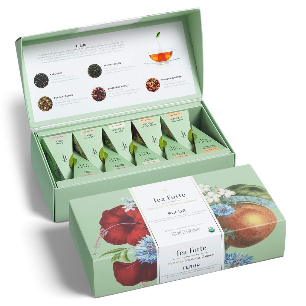 Tea Forte Fleur Petite Presentation Box Tea Gift Set Sampler, 10 Count, 2 of Each Variety Individually Wrapped Handcrafted Pyramid Infuser Bags