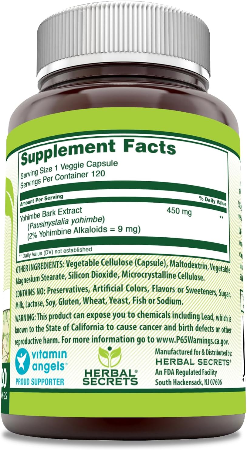 Herbal Secrets Yohimbe Extract 450 mg Supplement | Veggie Capsules | Non-GMO | Gluten Free | Made in USA (1 Pack, 120 Count)