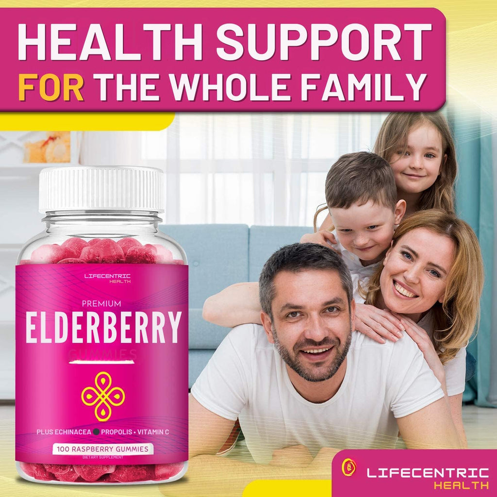 Elderberry Gummies for Kids & Adults Plus Vitamin C, Propolis & Echinacea Delicious Raspberry Gummy