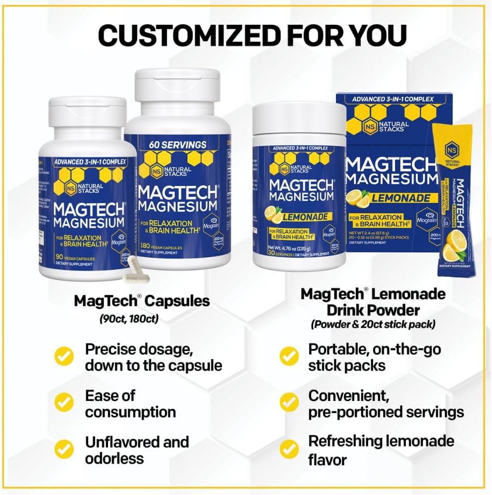 MagTech Magnesium Supplement - 3 Forms of Magnesium: Magtein L-Threonate, Glycinate & Taurate - 200mg Chelated Magnesium Complex - Supports Relaxation & Brain Health - 180 Capsules