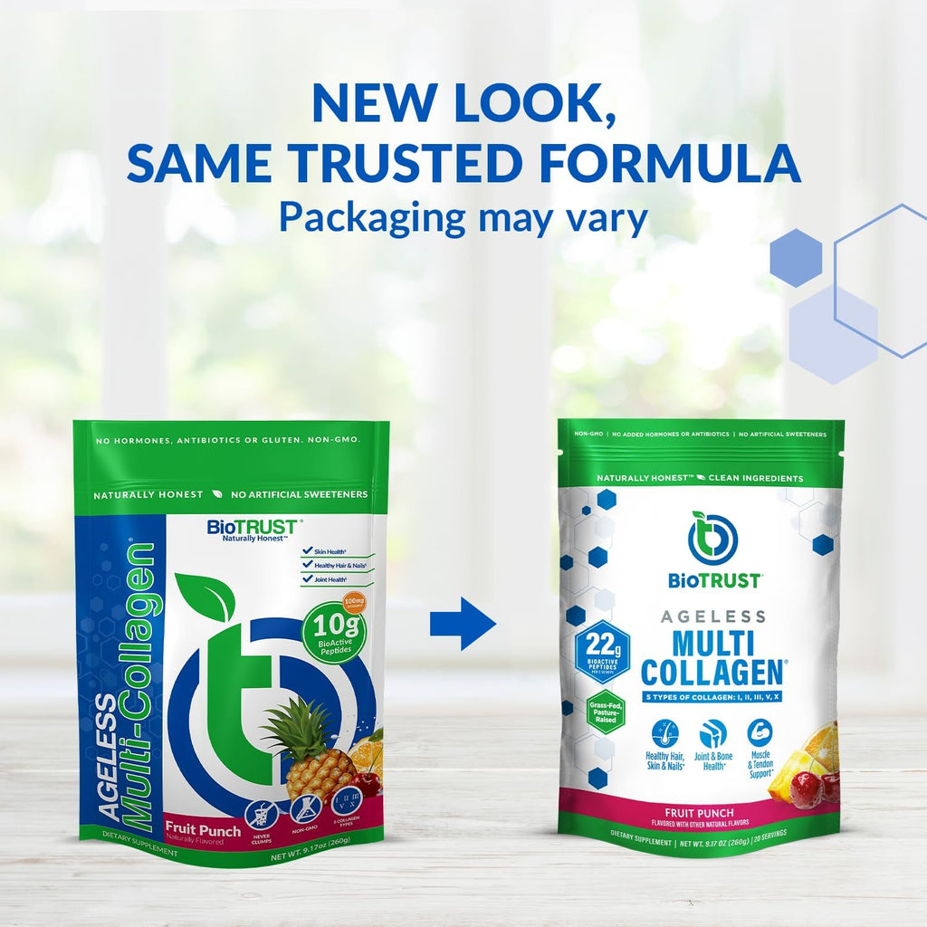 BioTrust Ageless Multi Collagen Peptides Powder – 5 Types (I, II, III, V, X) – Fruit Punch Collagen Powder for Women & Men – Hydrolyzed Protein – Grass Fed Beef, Fish, Chicken, Eggshell Membrane