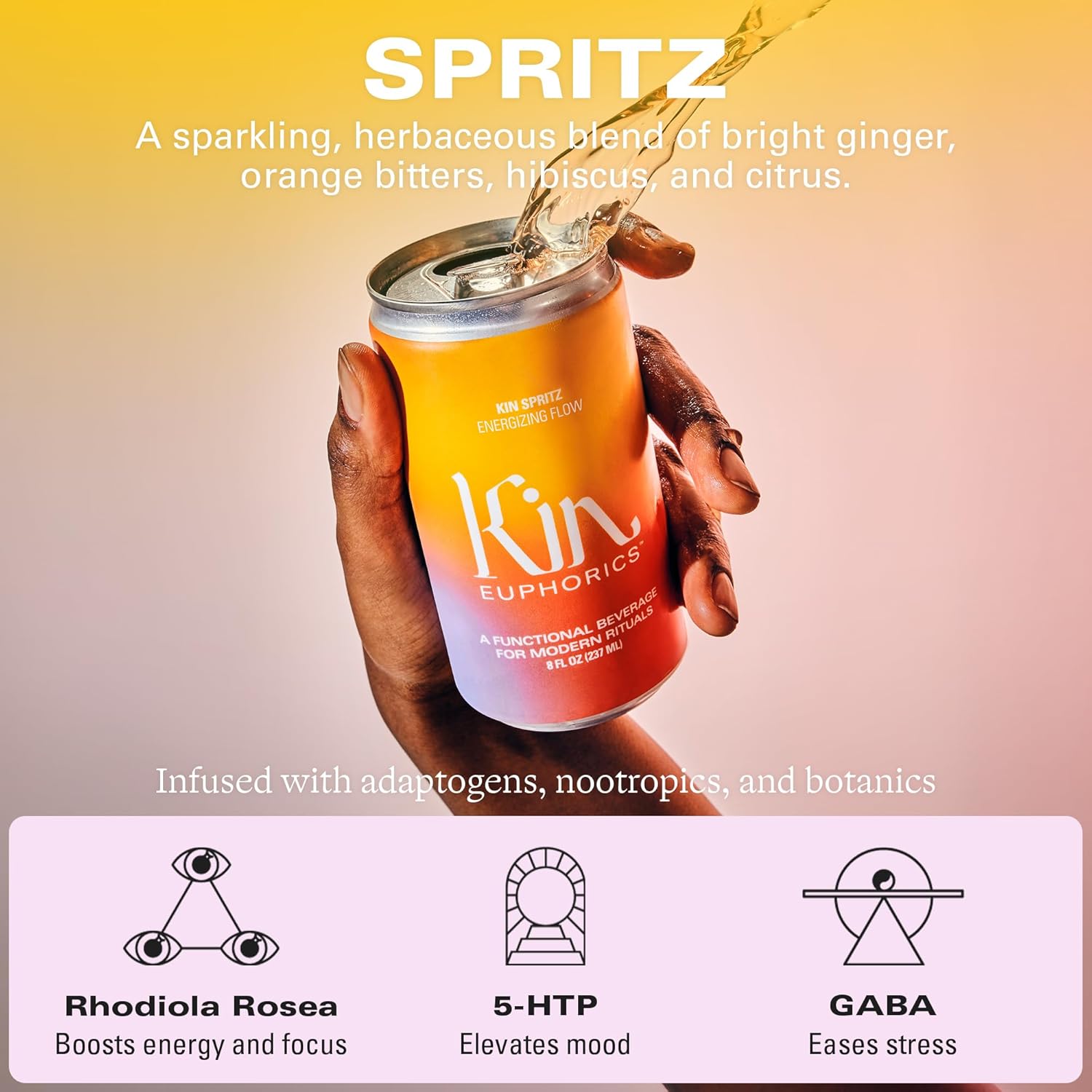 Kin Euphorics Variety 8 Pack with 2 Spritz, 2 Lightwave, 2 Bloom, and 2 Actual Sunshine by Kin Euphorics, Non Alcoholic Spirits, Ready to Drink, Awaken The Mind, Calm Your Mood, 8 Fl Oz (8pk)