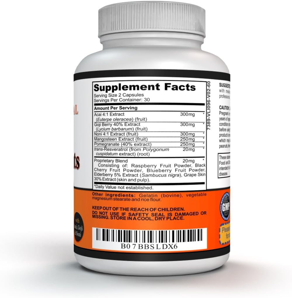 Super Antioxidant Capsules – 6 Superfruit Blend with Goji Berry, Acai, Resveratrol for Immune Support – Skin Health & Daily Wellness – 60 Count Made in USA