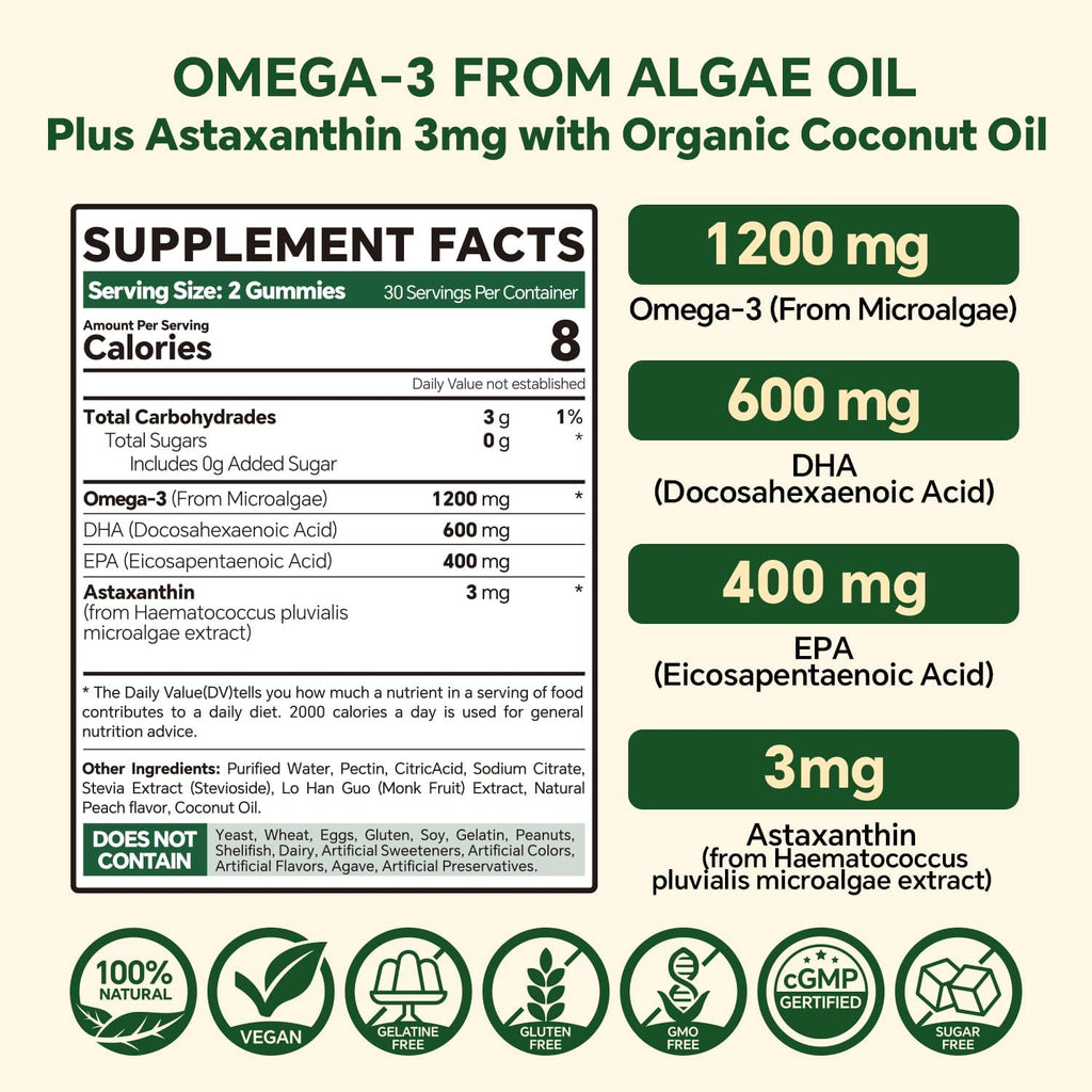 Vegan Omega 3 Gummies 1200mg - Dual Layer - Fish Oil Alternative, Marine Algae Omega 3 Supplement DHA 600mg, EPA 400mg with Astaxanthin,Sugar Free,60 Cts