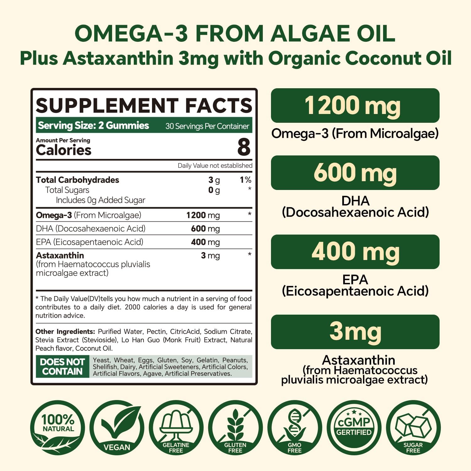 Vegan Omega 3 Gummies 1200mg - Dual Layer - Fish Oil Alternative, Marine Algae Omega 3 Supplement DHA 600mg, EPA 400mg with Astaxanthin,Sugar Free,60 Cts