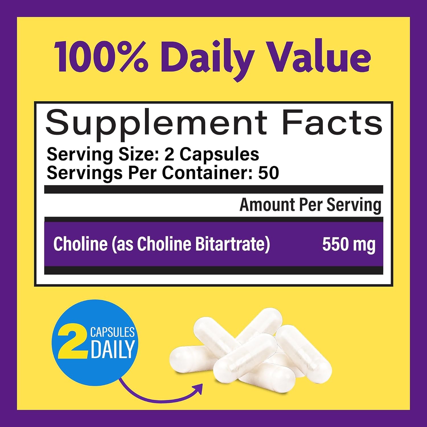 InnovixLabs Choline Supplement 550mg Pure Choline Bitartrate for Brain Health, Focus, Memory, Cognitive Development, Fatty Liver and Mood Support for Women and Men, 100 Capsules