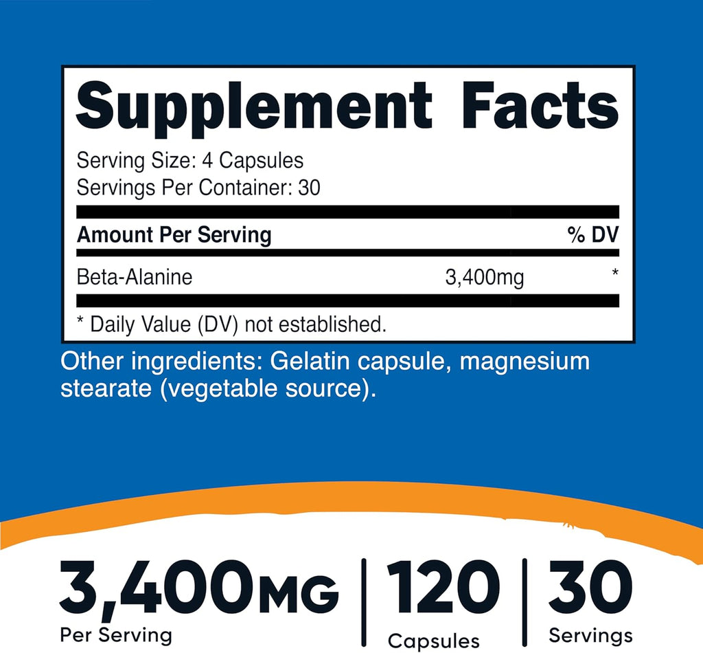 Nutricost Beta-Alanine Capsules 3400mg, 120 Caps (30 Serv) - Potent Beta Alanine, Gluten Free & Non-GMO, 850mg Per Cap