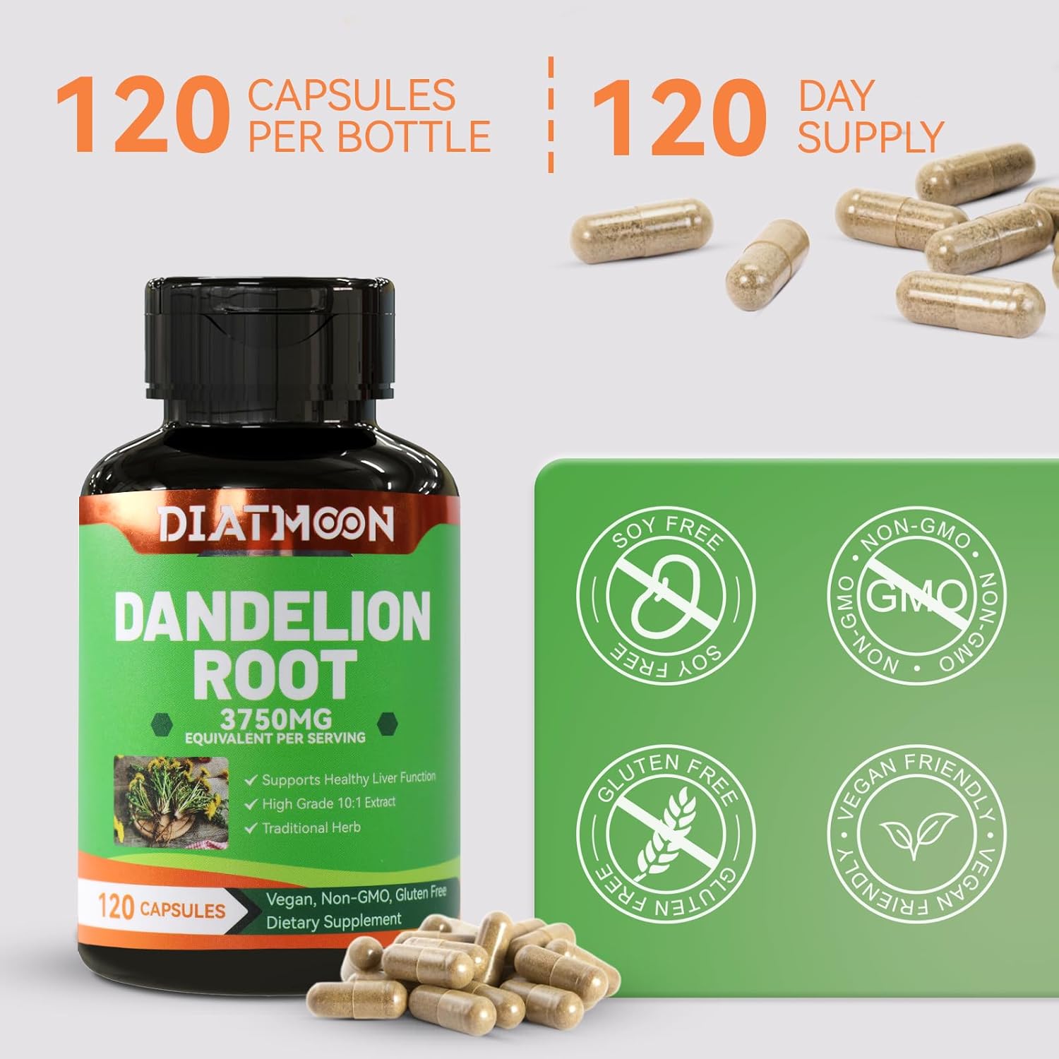 Dandelion Root Supplement 3750mg, 100% Vegetarian, Non-GMO, Gluten Free, 120 Capsules, 4 Month Supply
