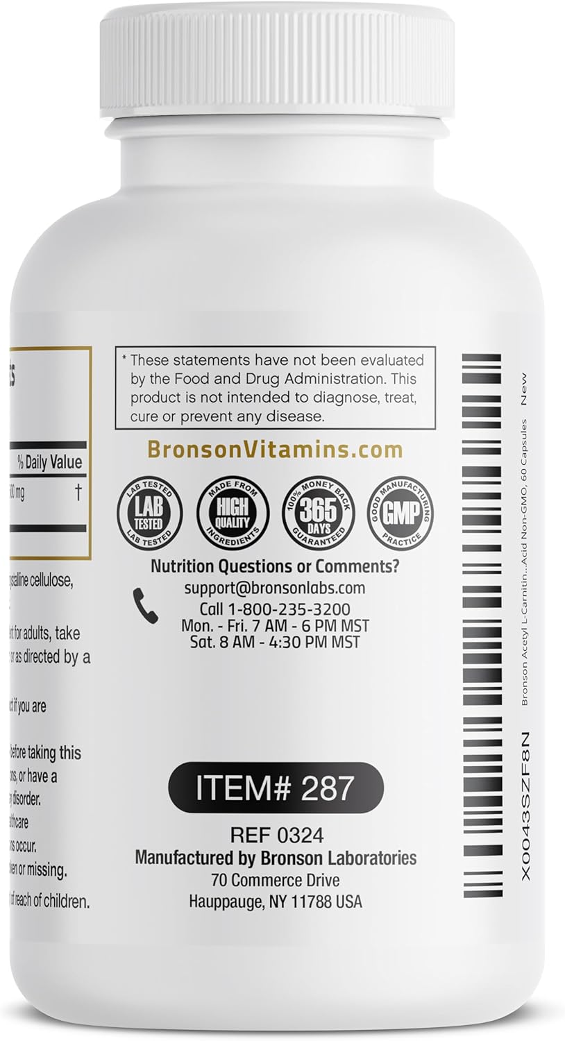 Bronson Acetyl L-Carnitine 500 MG High Potency Amino Acid Non-GMO, 60 Capsules
