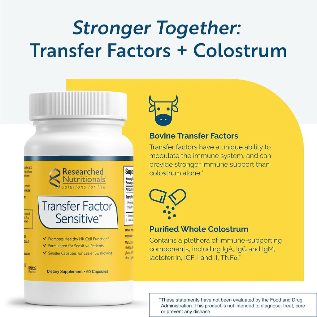 Researched Nutritionals Transfer Factor Sensitive - Immune Support Bovine Derived Transfer Factors & Colostrum Capsules (60 Capsules)
