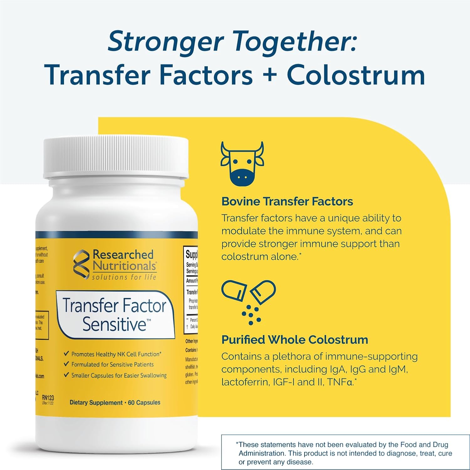 Researched Nutritionals Transfer Factor Sensitive - Immune Support Bovine Derived Transfer Factors & Colostrum Capsules (60 Capsules)