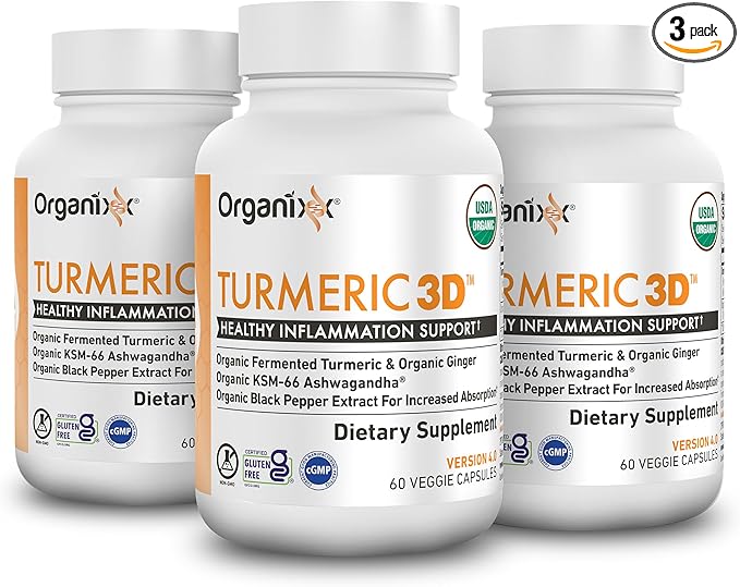 Organixx USDA Organic Turmeric Curcumin Supplement with Ashwagandha, Vitamin D, Turmeric & Ginger – Fermented for Maximum Bioavailability, 60 Count (Pack of 3)