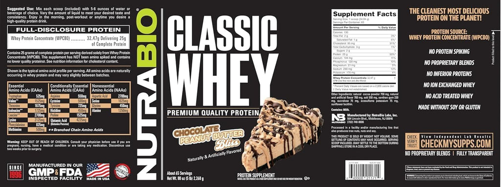 NutraBio Classic Whey Protein Powder- 25G Protein Per Scoop -No Fillers, Artificial Colors, Preservatives - Low Glycemic Index - (Chocolate Peanut Butter, 5 Pounds)