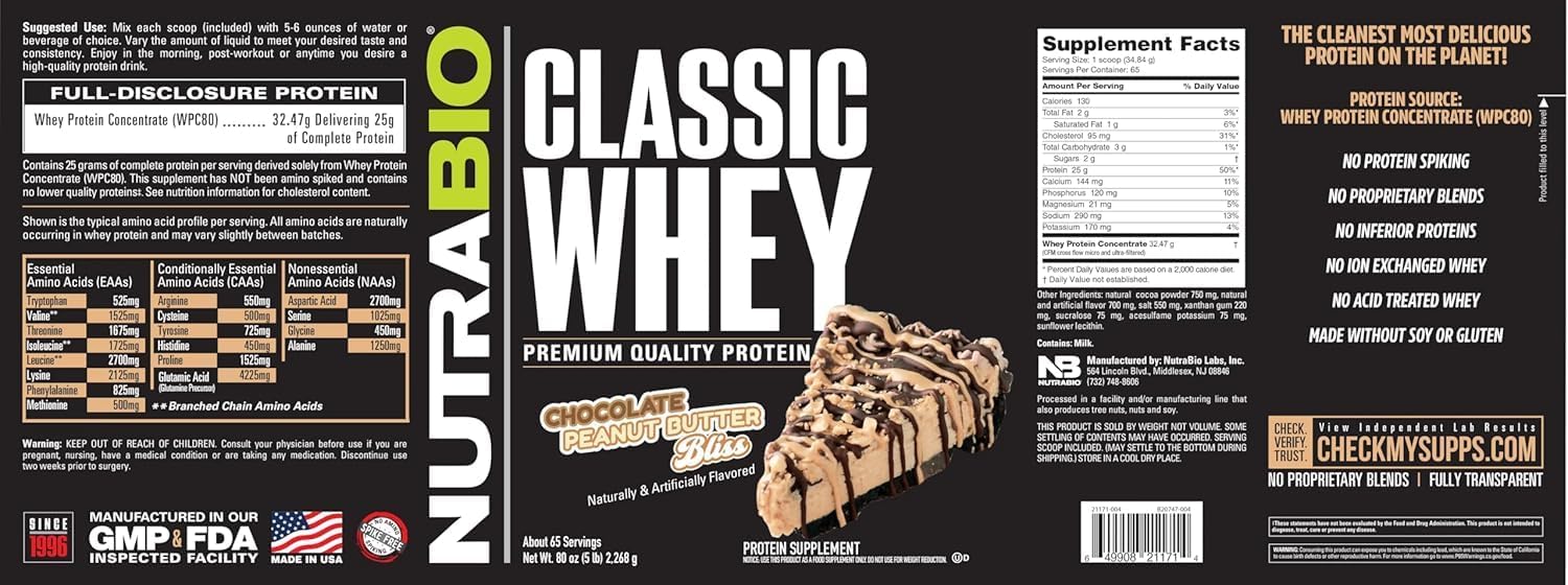 NutraBio Classic Whey Protein Powder- 25G Protein Per Scoop -No Fillers, Artificial Colors, Preservatives - Low Glycemic Index - (Chocolate Peanut Butter, 5 Pounds)
