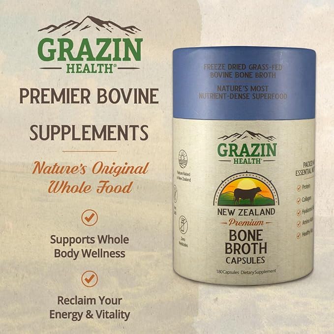 Freeze-Dried Grass-Fed Bovine Bone Broth Capsules – 3000mg Per Serving – Collagen, Protein & Amino Acids – Pasture-Raised in New Zealand, Manufactured in USA – 30 Servings