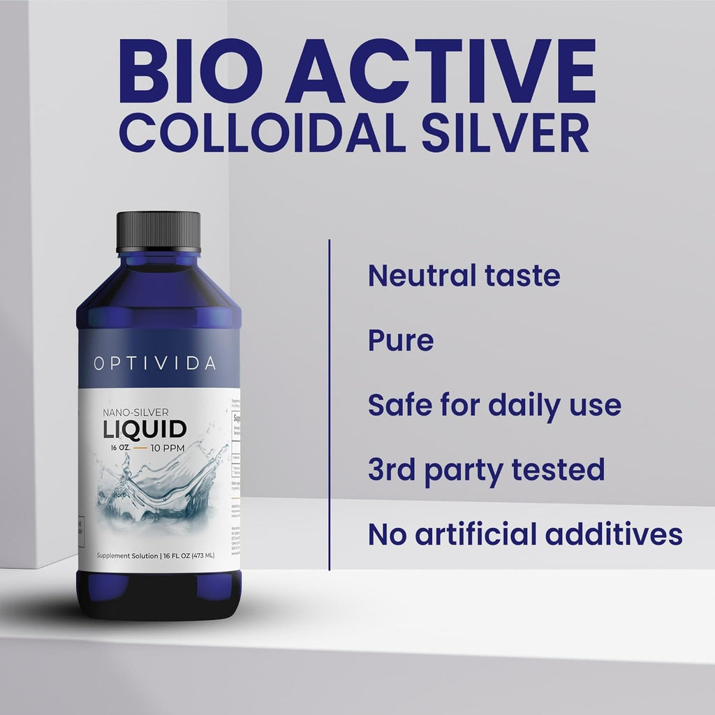 Optivida Health Nano Colloidal Silver Liquid (1 Pack) – Immune Support Supplements with Silver Hydrosol, Liquid for Immune Support, Colloidal Silver for Immune System, Silver Colloidal Liquid (16 oz)