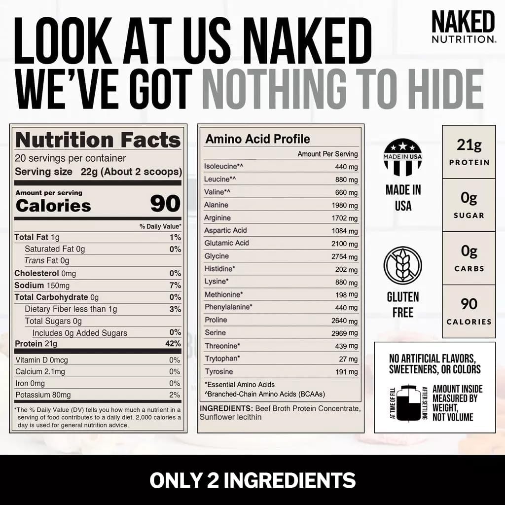 NAKED Bone Broth - Beef Bone Broth Protein Powder - 21G Protein - Gut Health and Joint Supplement - Unflavored - No GMO, Gluten-Free, Soy Free - 1LB