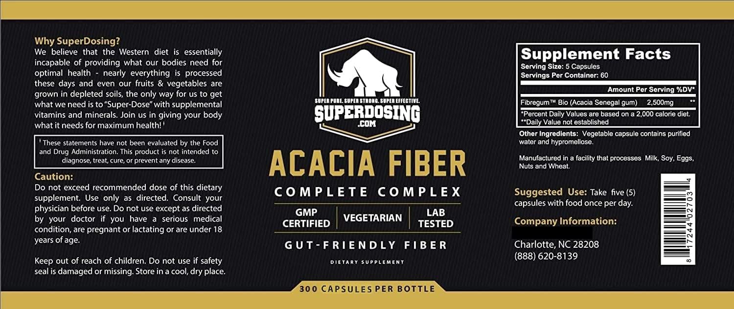 Fast Acting, Organic Acacia Senegal Fiber Capsules 300pk. Natural Soluble Fiber Supplement Pill. Vegan Prebiotic Capsules.
