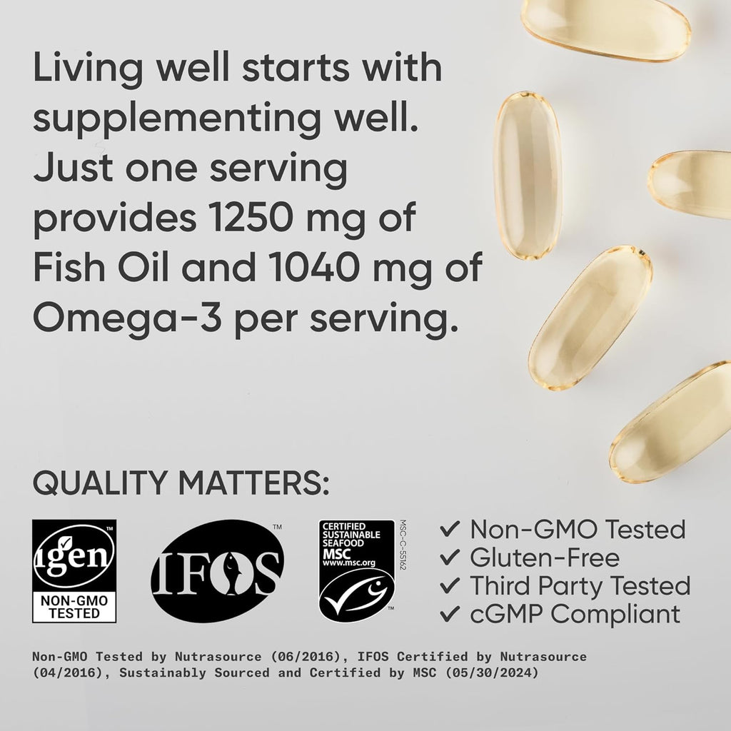 Sports Research Triple Strength Omega 3 Fish Oil - Burpless Fish Oil Supplement w/EPA & DHA Fatty Acids from Wild Alaskan Pollock - Heart, Brain & Immune Support for Men & Women - 1250 mg, 240 ct